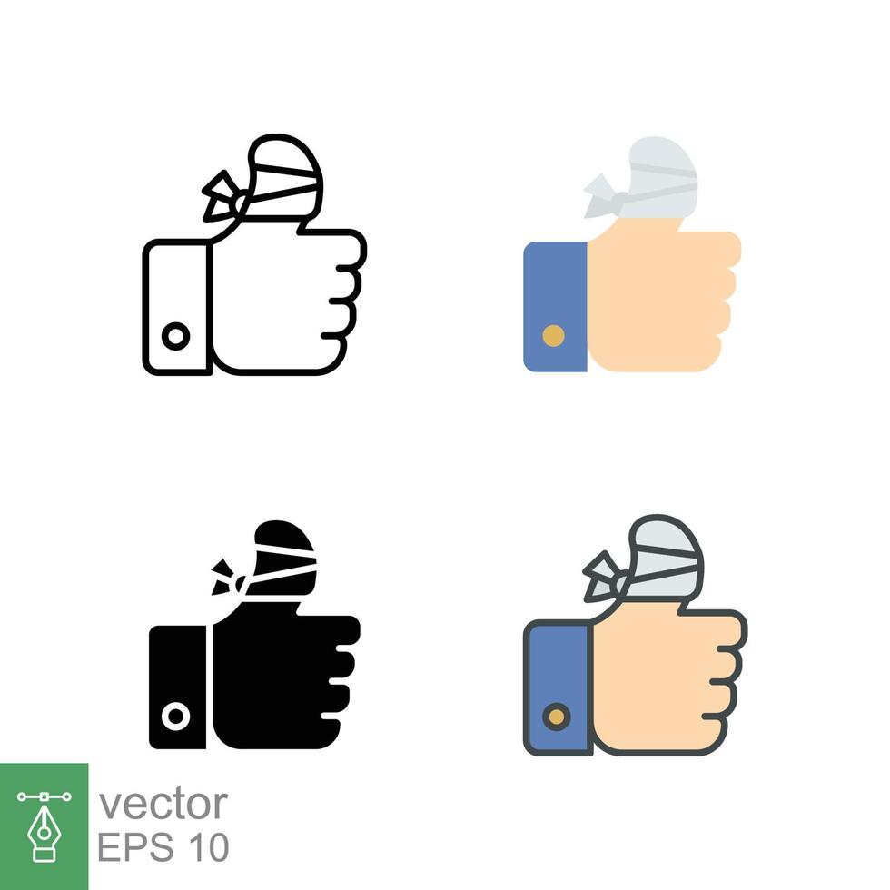 Hurt hand, bandage finger icon in different style. Outline, flat, solid, filled outline. Like, thumb up gesture, injured, unavailable concept. Vector illustration isolated on white background. EPS 10.