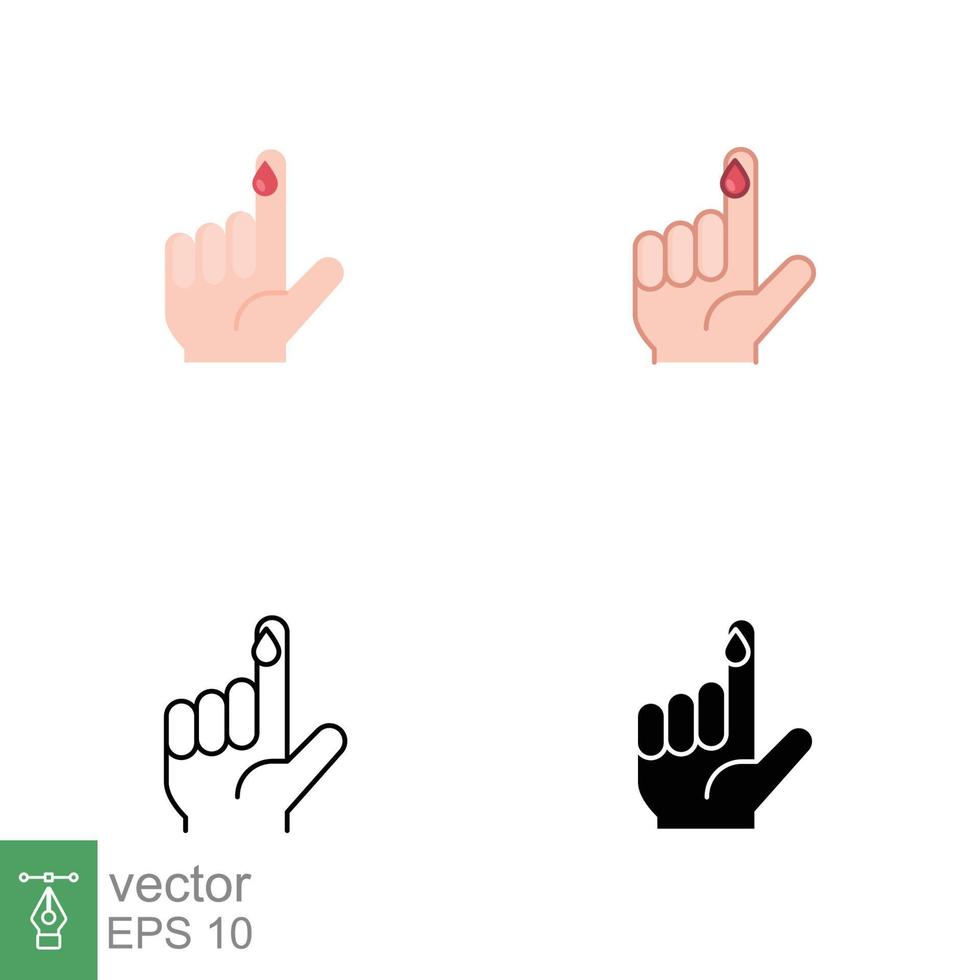 sangre en dedo íconos en diferente estilo. vector personas mano lesionado aislado símbolo. glucosa, insulina prueba, diabetes concepto. diseñado en lleno describir, línea, departamento, glifo y sólido estilo. eps 10