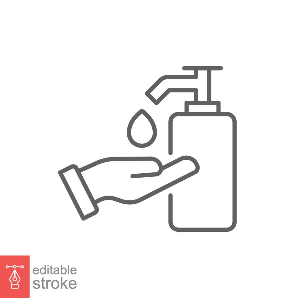 Hand sanitizer icon, line style. Washing hand with sanitizer liquid soap. Vector illustration. Design on white background. Editable stroke EPS 10.