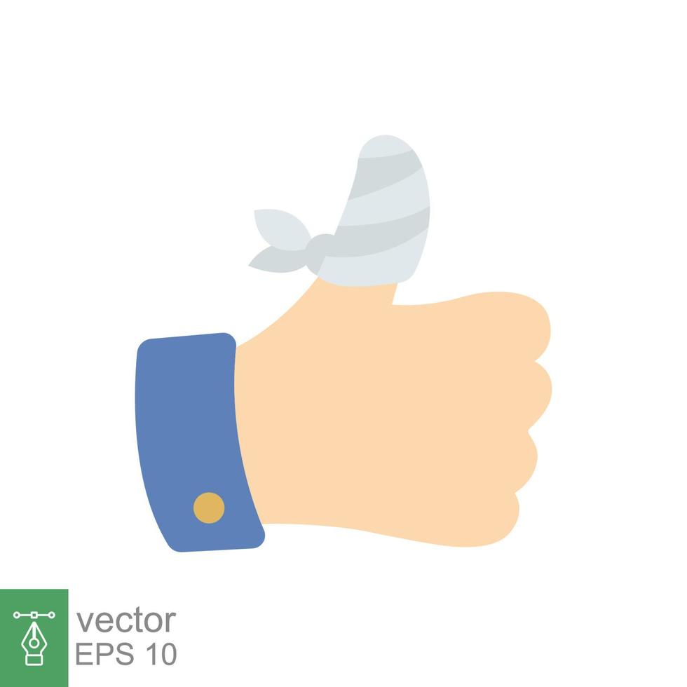 Hurt hand, bandage finger icon. Simple flat style. Like, thumb up gesture, injured, unavailable concept. Vector illustration isolated on white background. EPS 10.