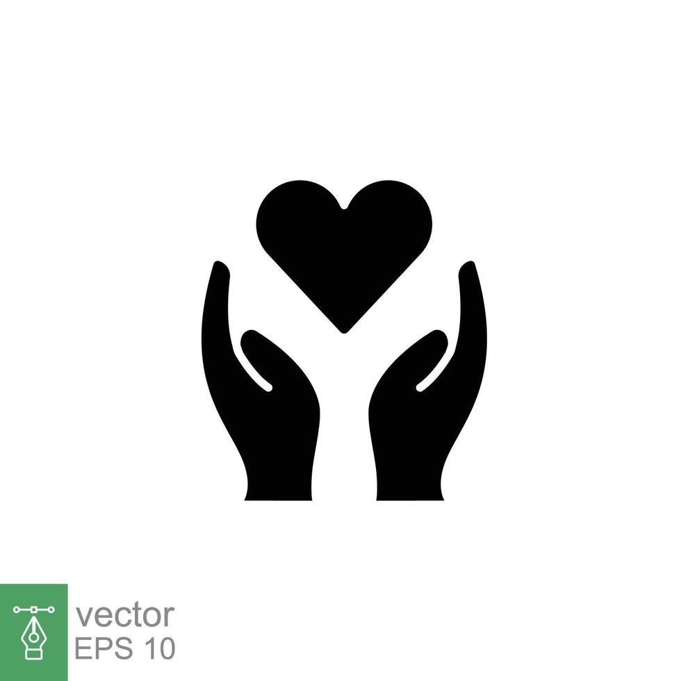 Hand heart glyph icon. Simple solid style. Wellbeing, health care, support, life, save, love, give, charity concept. Black silhouette symbol. Vector illustration isolated on white background. EPS 10.