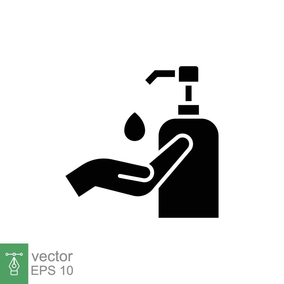 Hand sanitizer icon, solid style. Washing hand with sanitizer liquid soap. Black silhouette symbol. Vector illustration design isolated on white background. EPS 10.