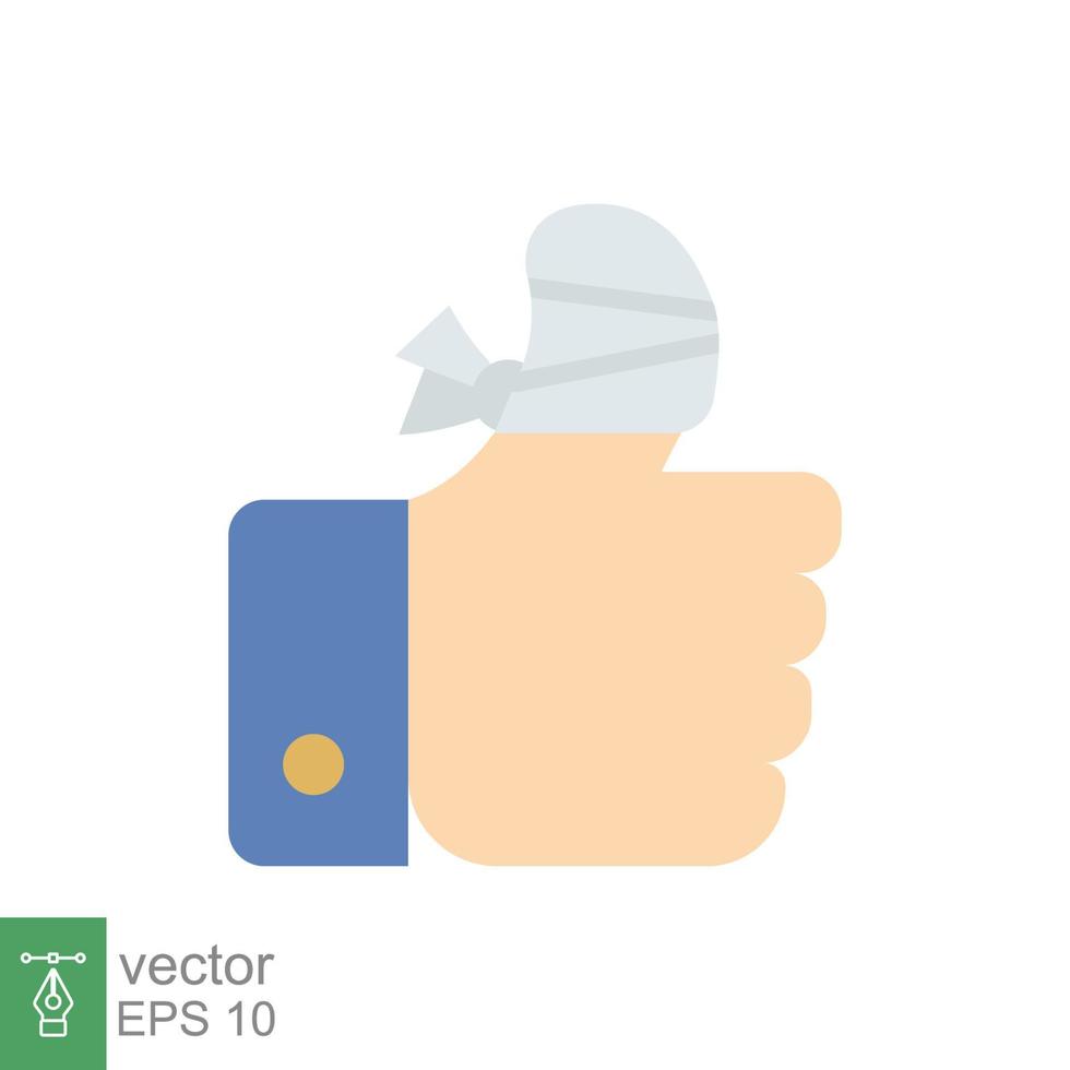 Hurt hand, bandage finger icon. Simple flat style. Like, thumb up gesture, injured, unavailable concept. Vector illustration isolated on white background. EPS 10.