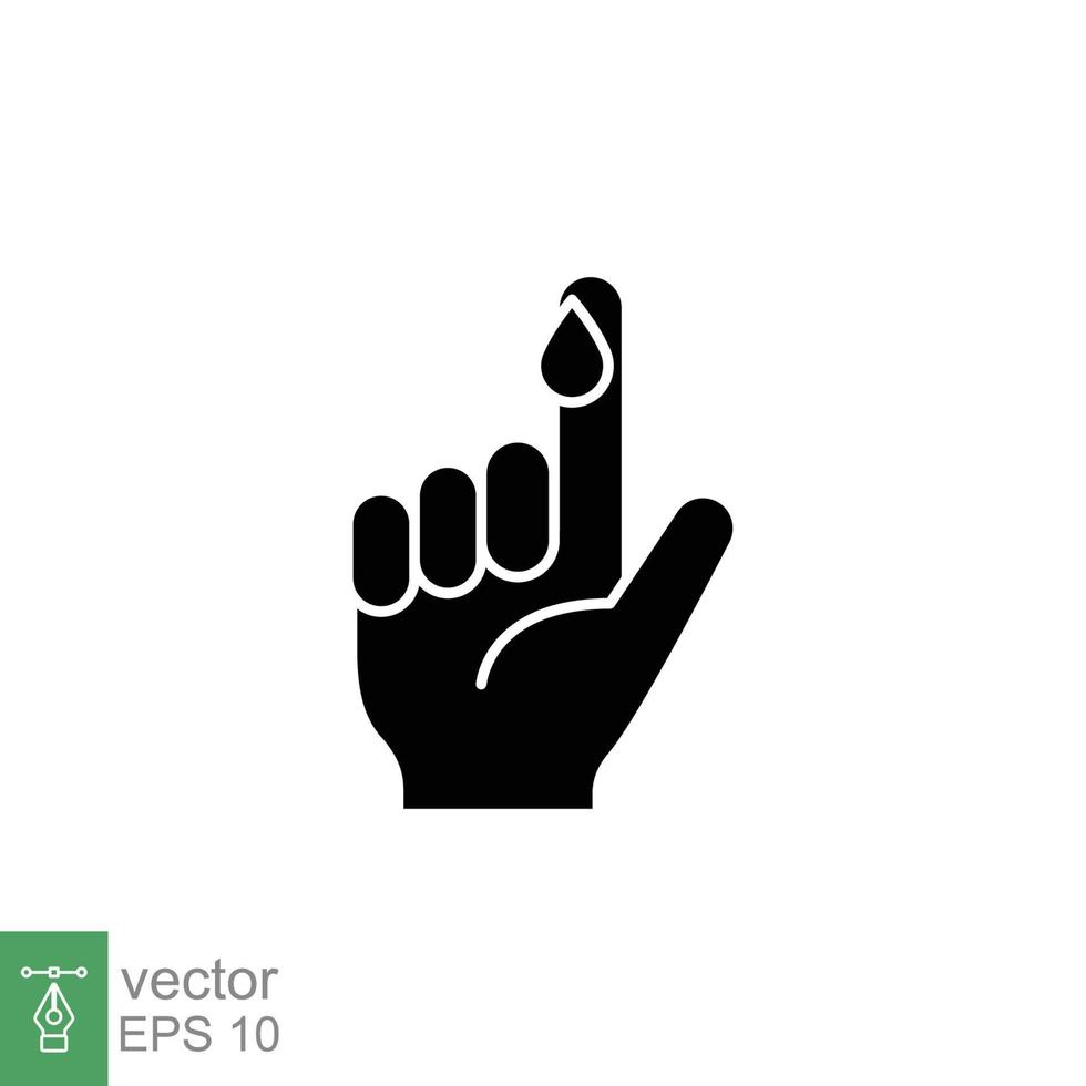 Blood on finger glyph icon. Vector people hand injured isolated symbol. Glucose, insulin test, diabetes concept. Simple solid style. Sign illustration on white background. EPS 10.