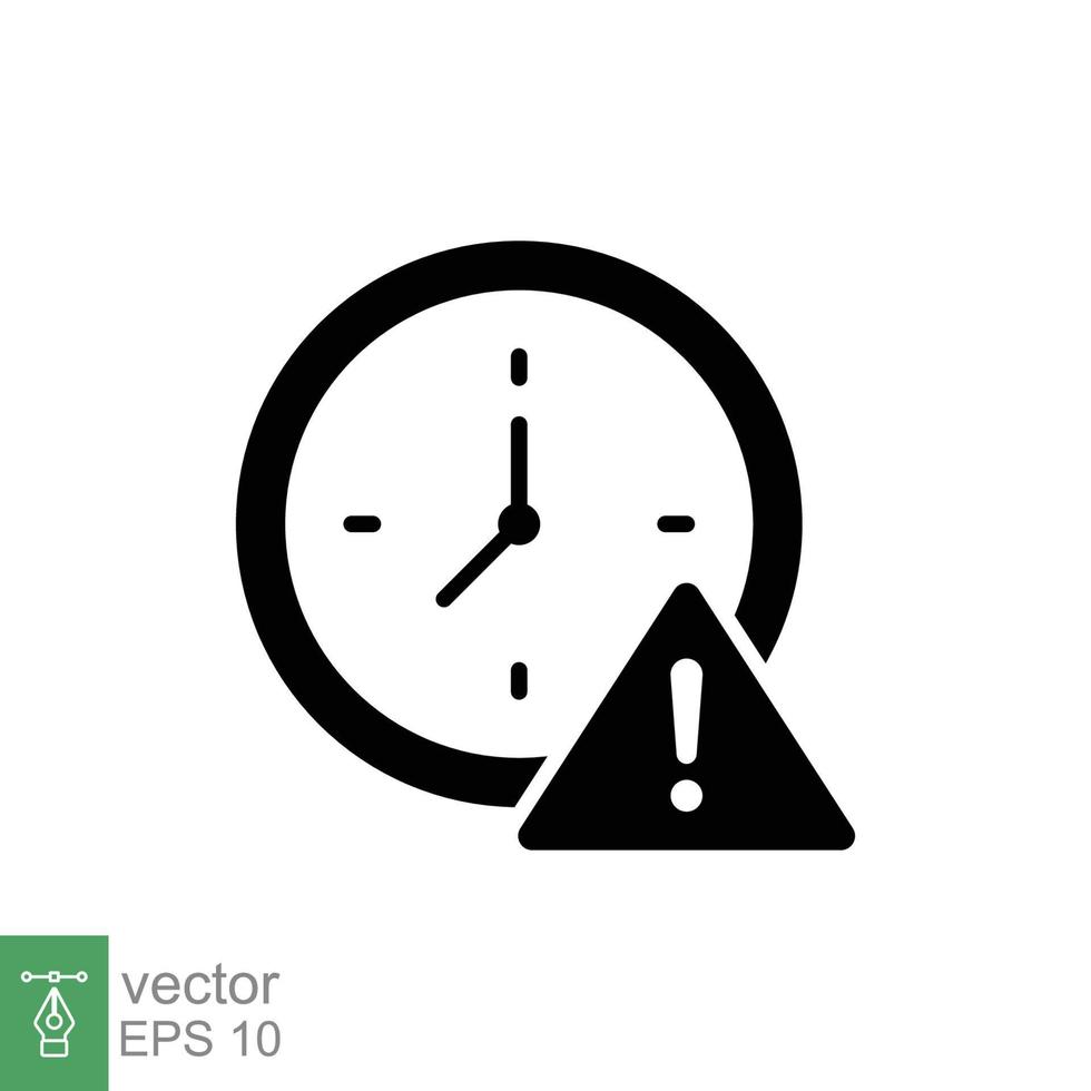 expiración icono. sencillo sólido estilo para web y aplicación alerta, alarma, reloj circular con exclamación marca concepto. negro silueta, glifo símbolo. vector ilustración aislado en blanco antecedentes. eps 10