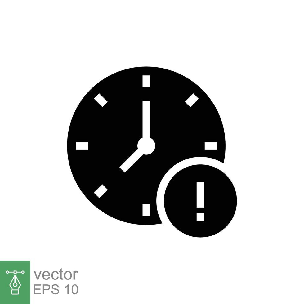 expiración icono. sencillo sólido estilo para web y aplicación alerta, alarma, reloj circular con exclamación marca concepto. negro silueta, glifo símbolo. vector ilustración aislado en blanco antecedentes. eps 10