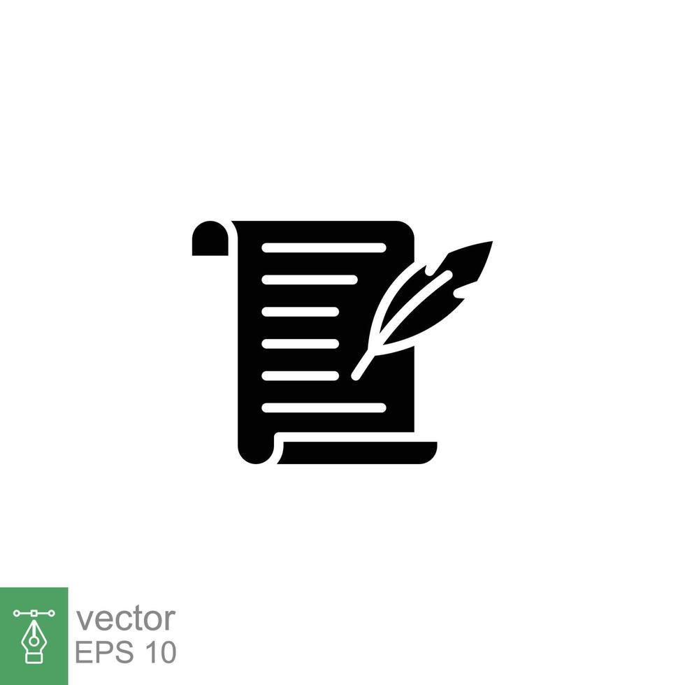 History, writing icon. Solid style for web template and app. Simple glyph, black silhouette, poetry, book concept, education, vector illustration design on white background. EPS 10.