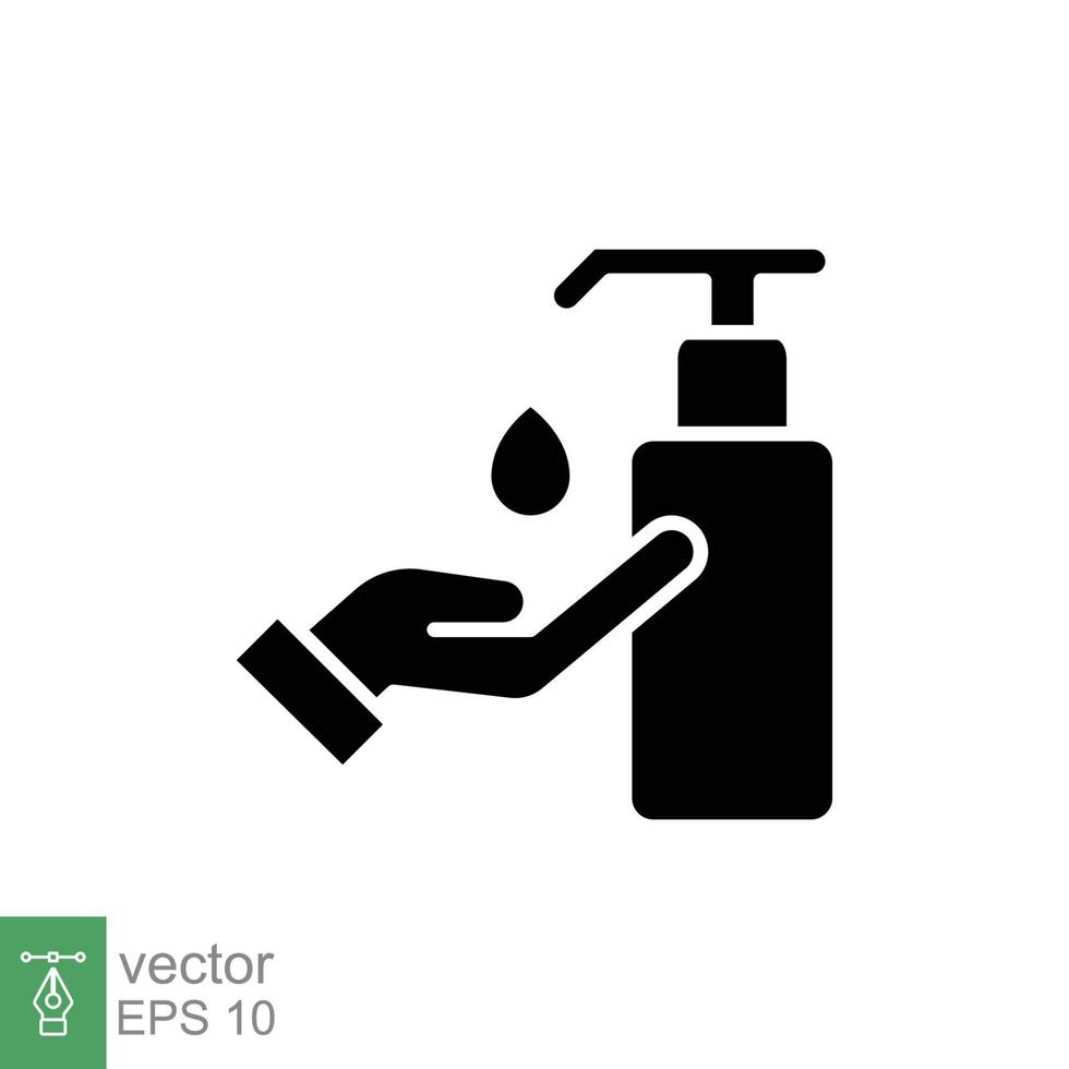 mano desinfectante icono, sólido estilo. Lavado mano con desinfectante líquido jabón. negro silueta símbolo. vector ilustración diseño aislado en blanco antecedentes. eps 10