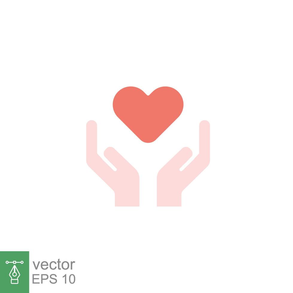 Hand heart flat icon. Simple red heart. Wellbeing, health care, support, life, save, love, give, charity concept. Vector illustration isolated on white background. EPS 10.