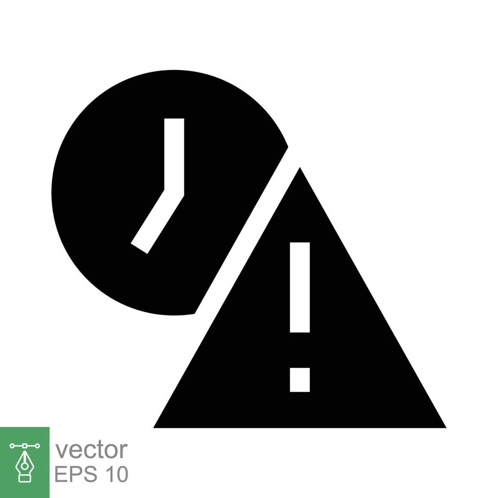 expiración icono. sencillo sólido estilo para web y aplicación alerta, alarma, reloj circular con exclamación marca concepto. negro silueta, glifo símbolo. vector ilustración aislado en blanco antecedentes. eps 10