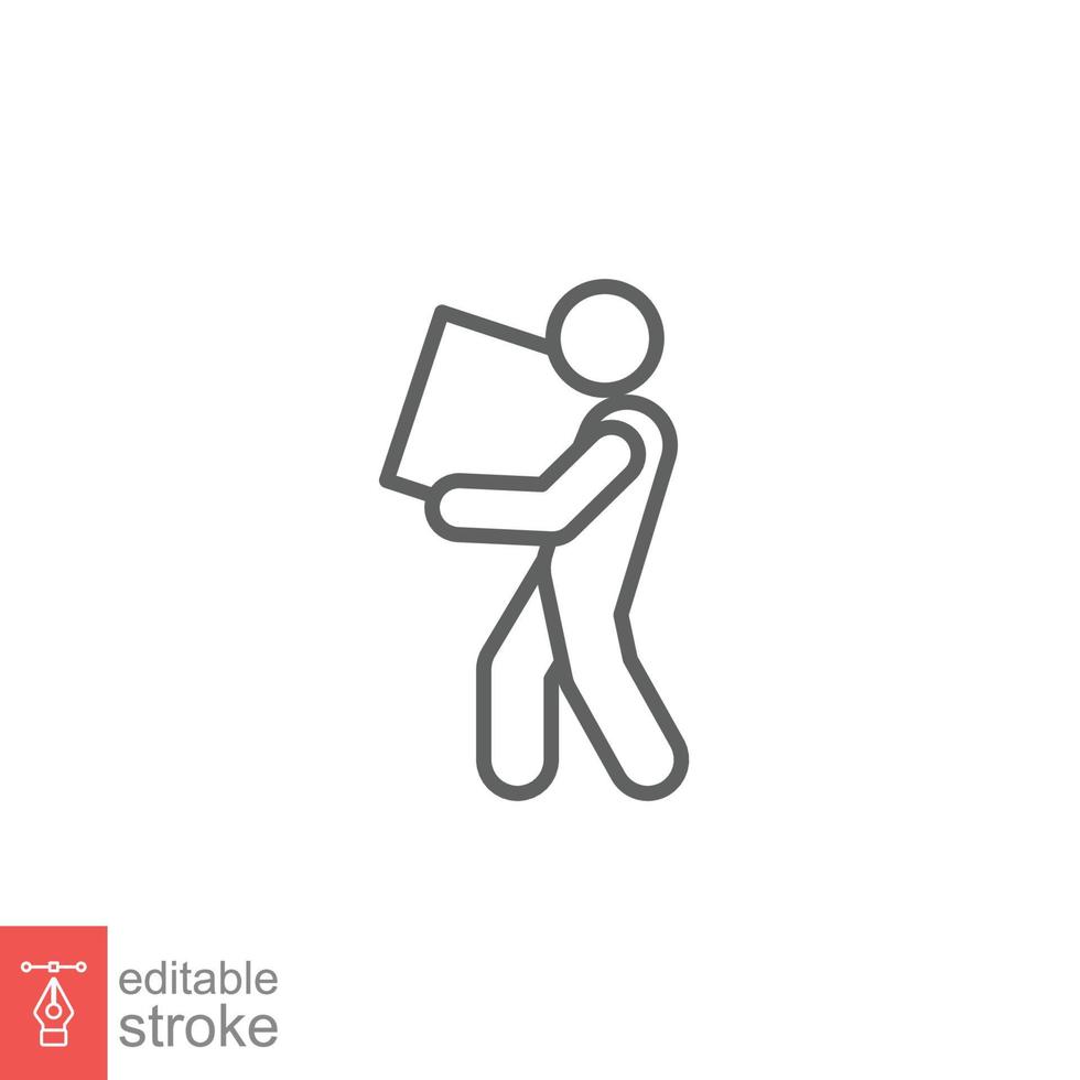 Lifting weights icon. Simple outline style for web template and app. Lift, man carry heavy box, delivery boy. Thin line vector illustration design isolated on white background. Editable stroke EPS 10.