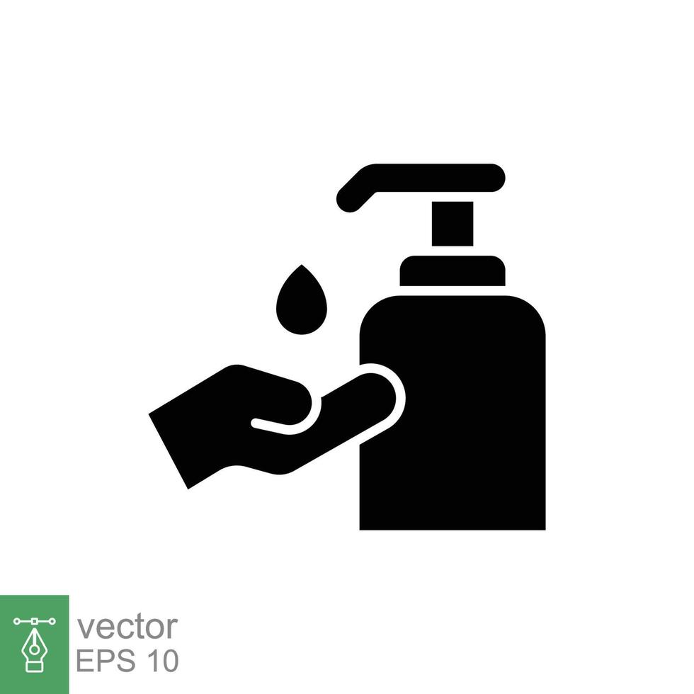 Hand sanitizer icon, solid style. Washing hand with sanitizer liquid soap. Black silhouette symbol. Vector illustration design isolated on white background. EPS 10.