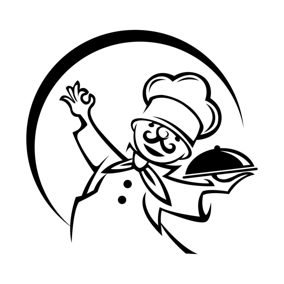 monochrome illustration of whiskered chef. vector