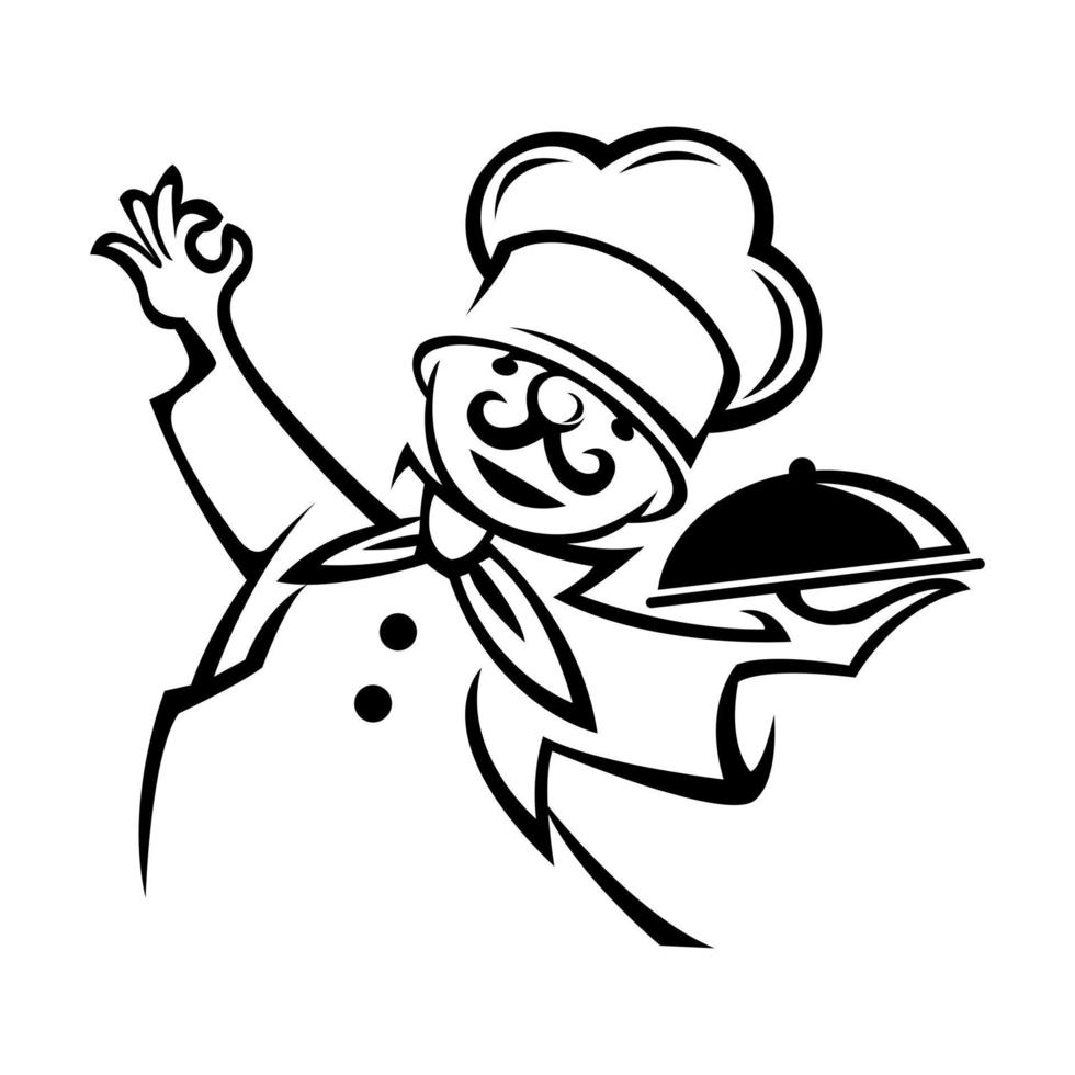 monochrome illustration of whiskered chef. vector