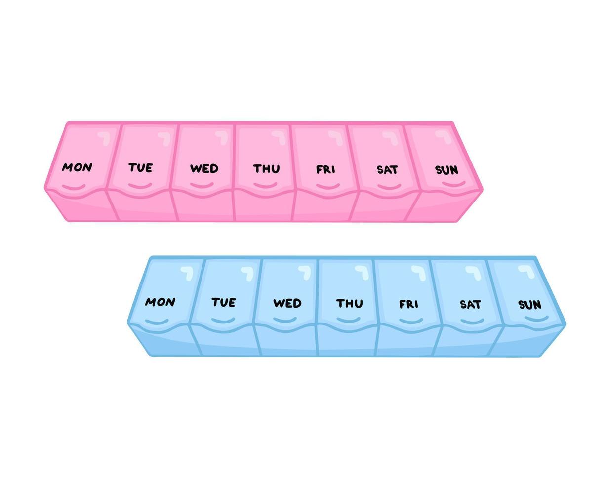 Pill box for her and him, plastic organizers for pills. Illustration for printing, backgrounds and packaging. Image can be used for posters, stickers. Isolated on white background. vector