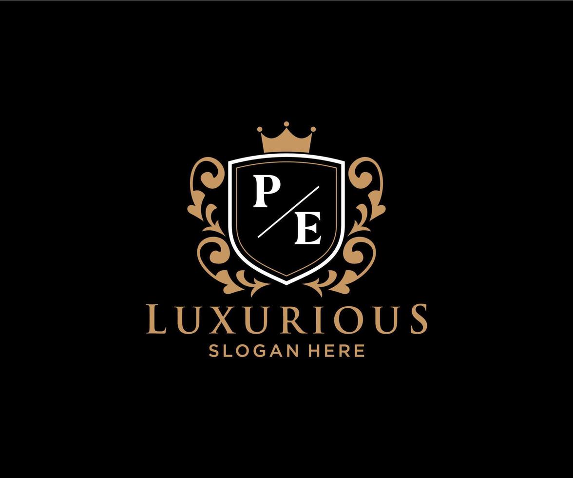 Initial PE Letter Royal Luxury Logo template in vector art for Restaurant, Royalty, Boutique, Cafe, Hotel, Heraldic, Jewelry, Fashion and other vector illustration.