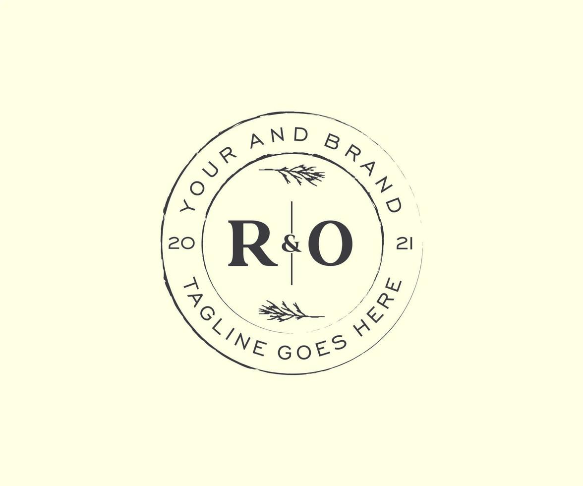 initial RO letters floral frames. Botanical feminine editable premade monoline unique decoration for greeting card, wedding invitation. vector