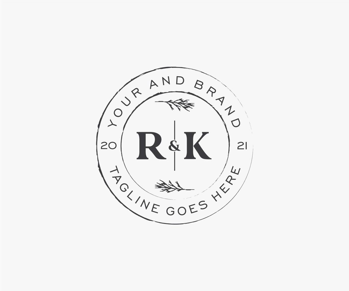 initial RK letters floral frames. Botanical feminine editable premade monoline unique decoration for greeting card, wedding invitation. vector