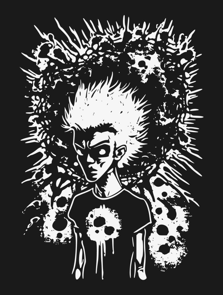 Hand drawn portrait of a creepy teenager with scary monster face with white feline eyes and sharp teeth smile. Head in modern and surreal tattoo art. Isolated vector illustration.