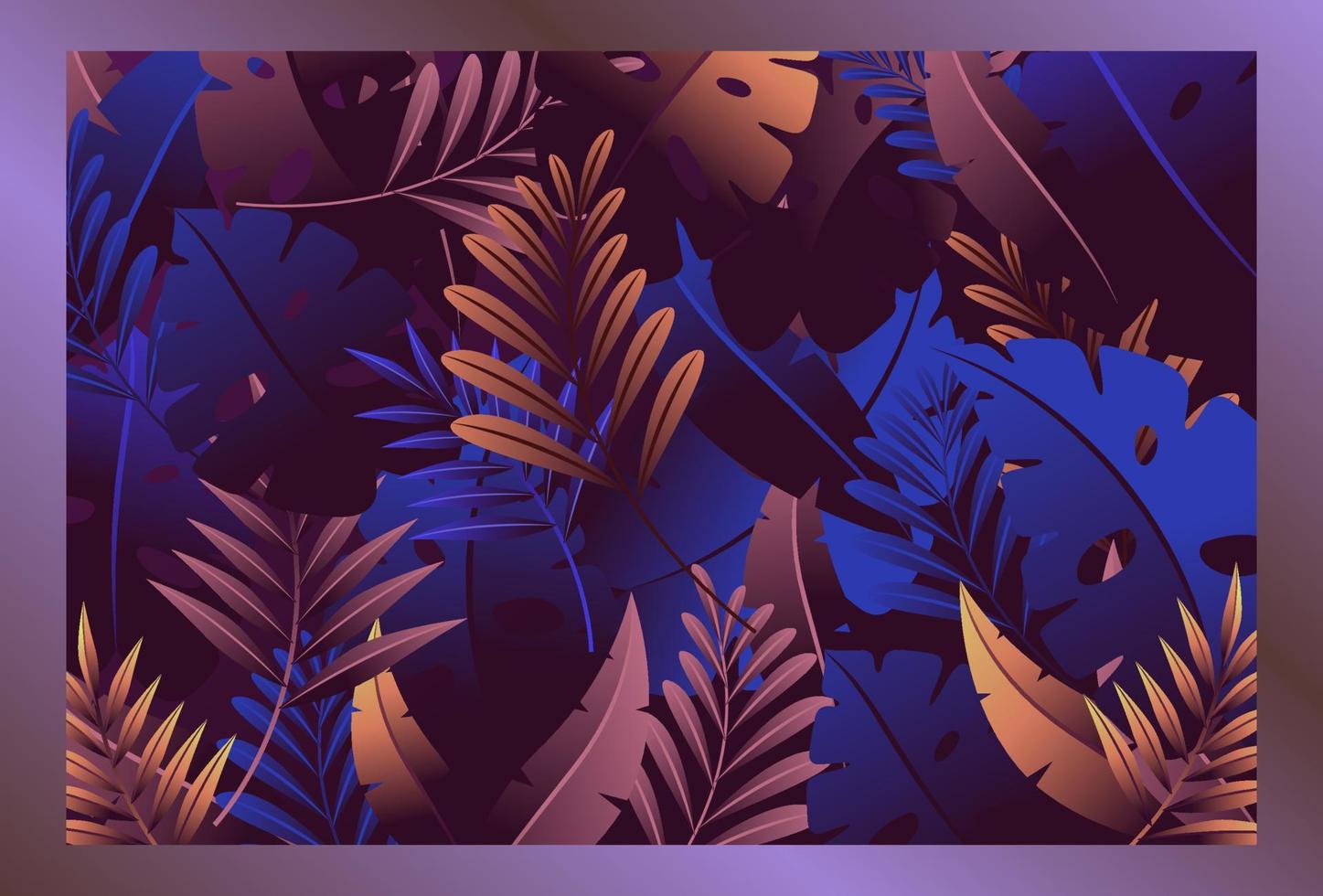 neon light, trendy background with tropical vector plant and leaf. Gradient Tropical Leaves Background