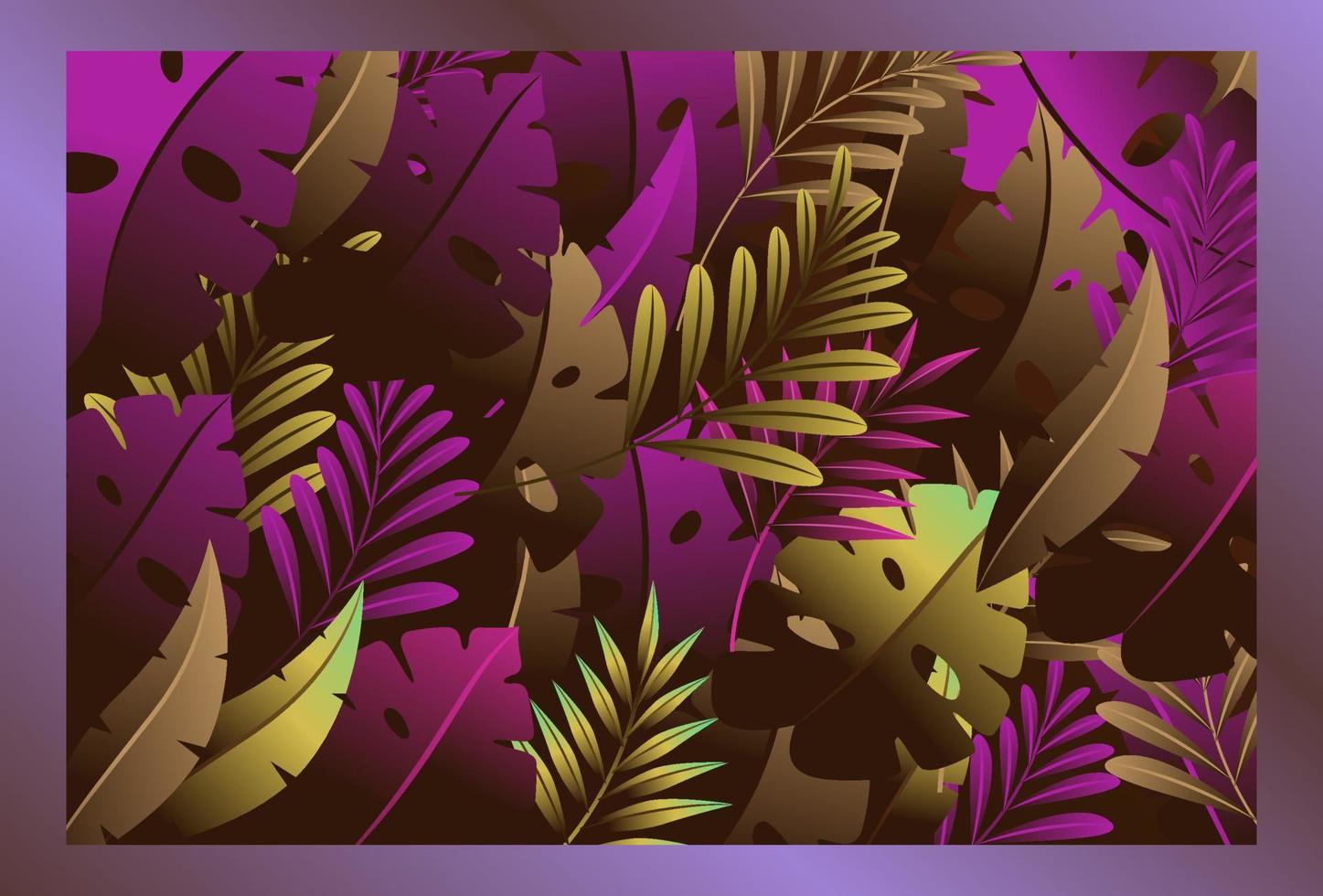 neon light, trendy background with tropical vector plant and leaf. Gradient Tropical Leaves Background