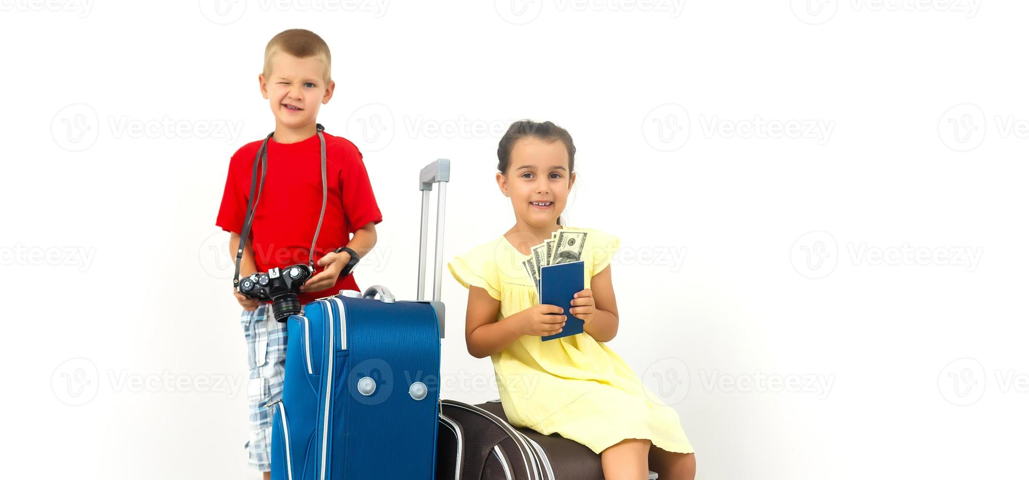 Family with two kids travel in the airport photo