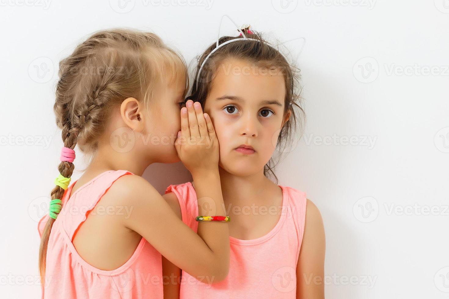 Two little girls are chatting, isolated over white photo