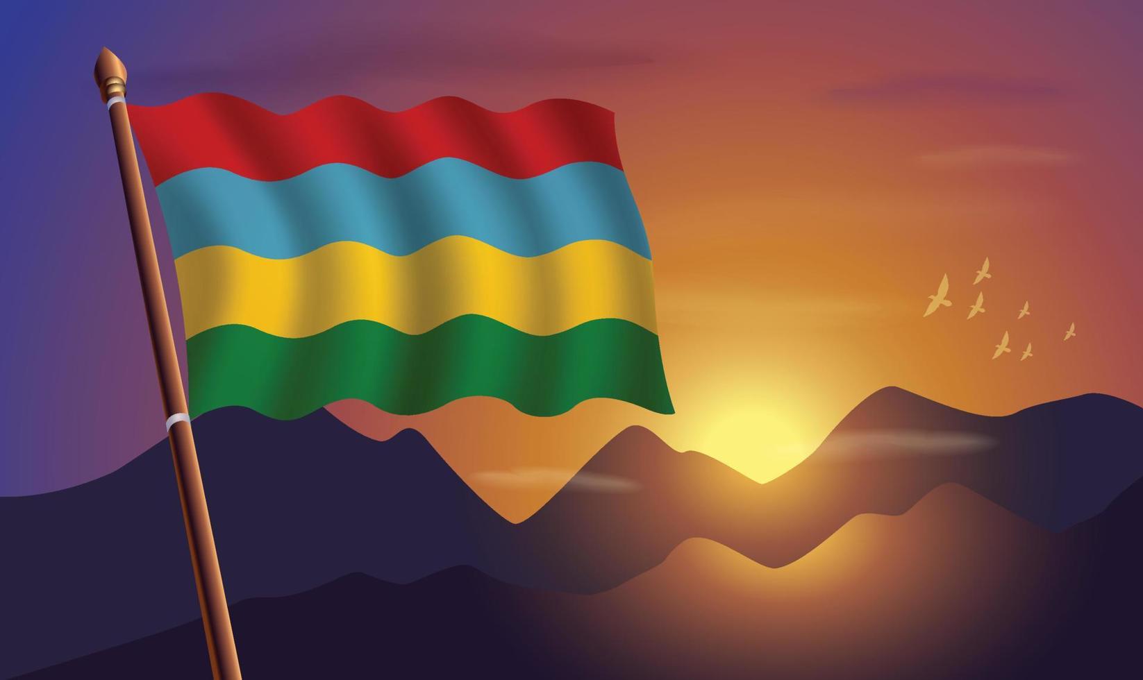 Mauricio bandera con montañas y puesta de sol en el antecedentes vector