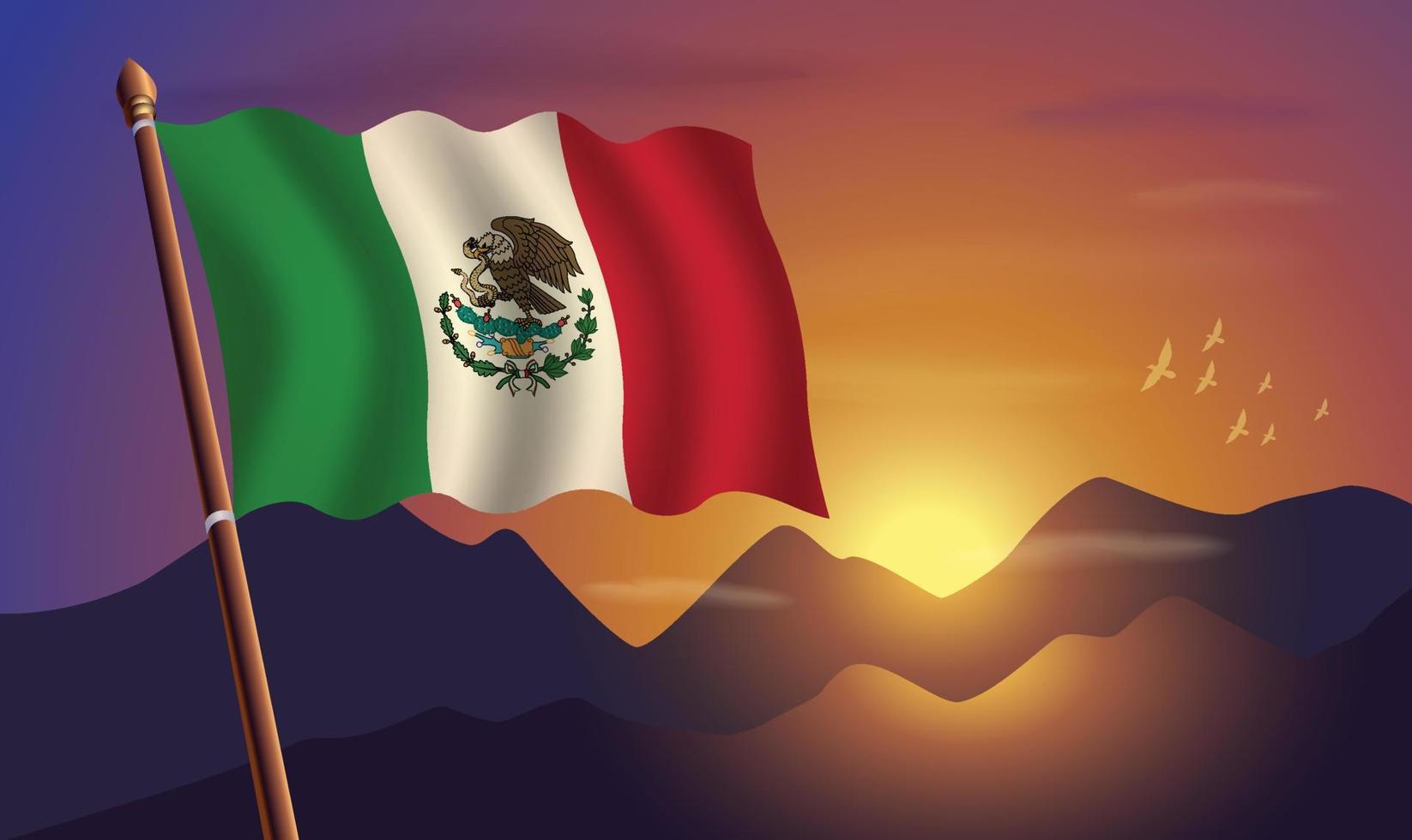 mexico bandera con montañas y puesta de sol en el antecedentes vector