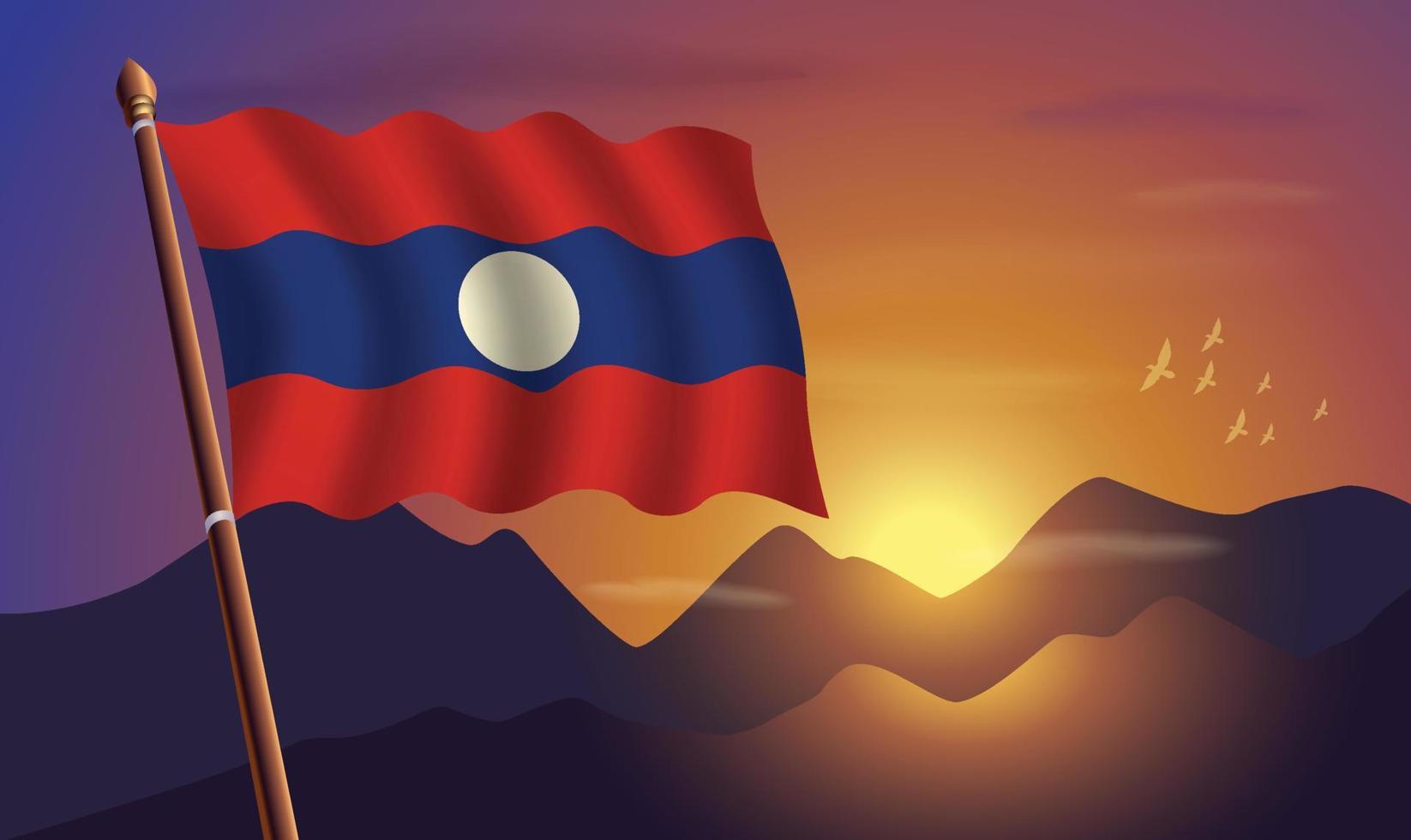 Laos bandera con montañas y puesta de sol en el antecedentes vector