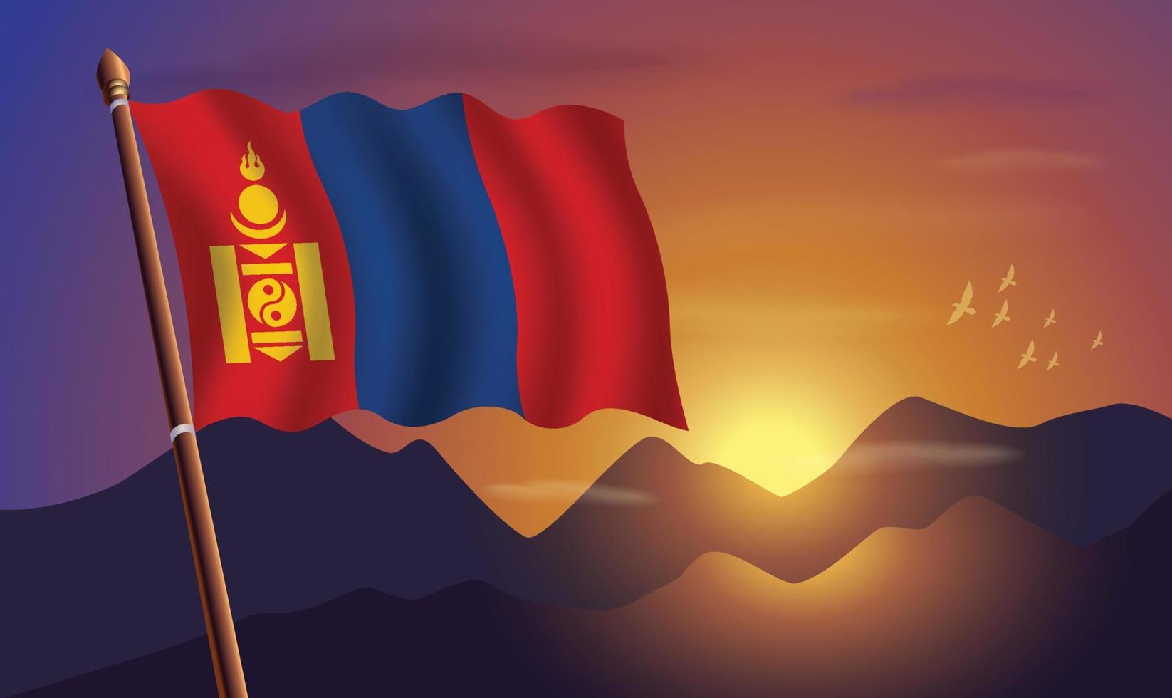 Mongolia flag with mountains and sunset in the background vector