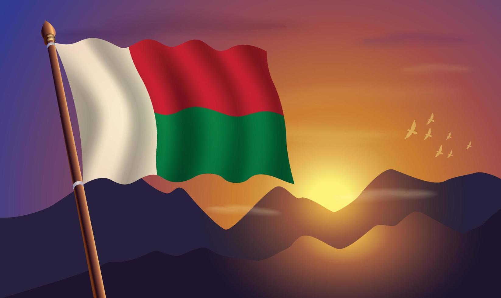 Madagascar bandera con montañas y puesta de sol en el antecedentes vector