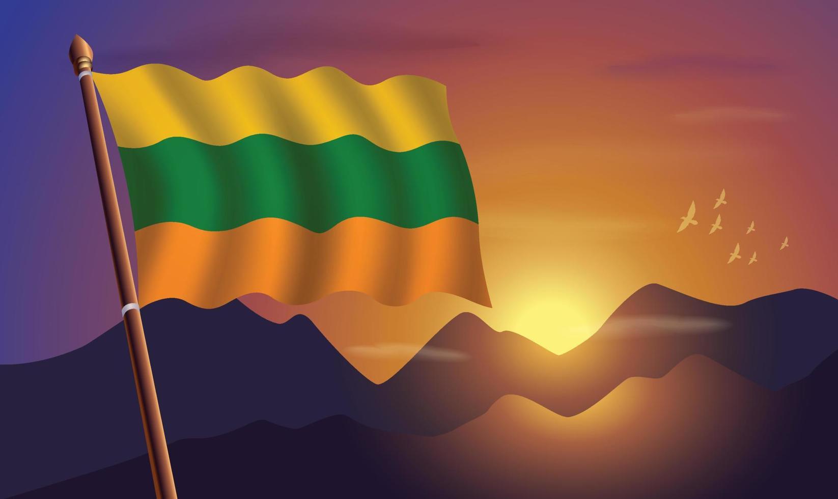 Lituania bandera con montañas y puesta de sol en el antecedentes vector