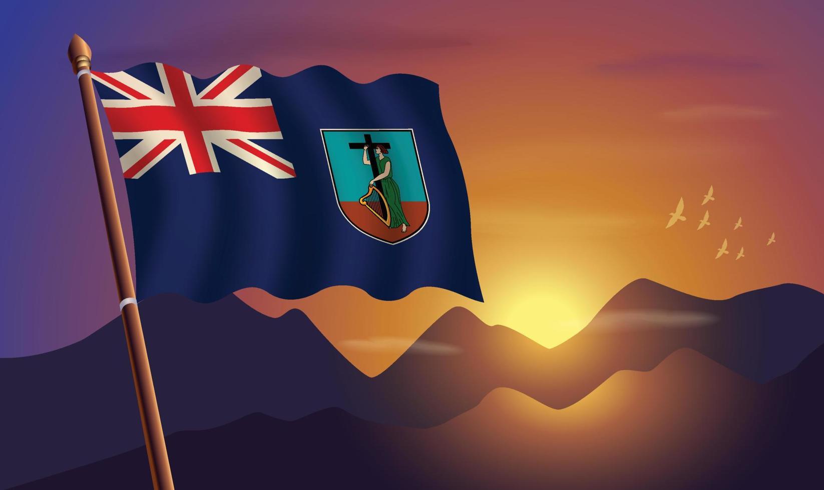 Montserrat bandera con montañas y puesta de sol en el antecedentes vector