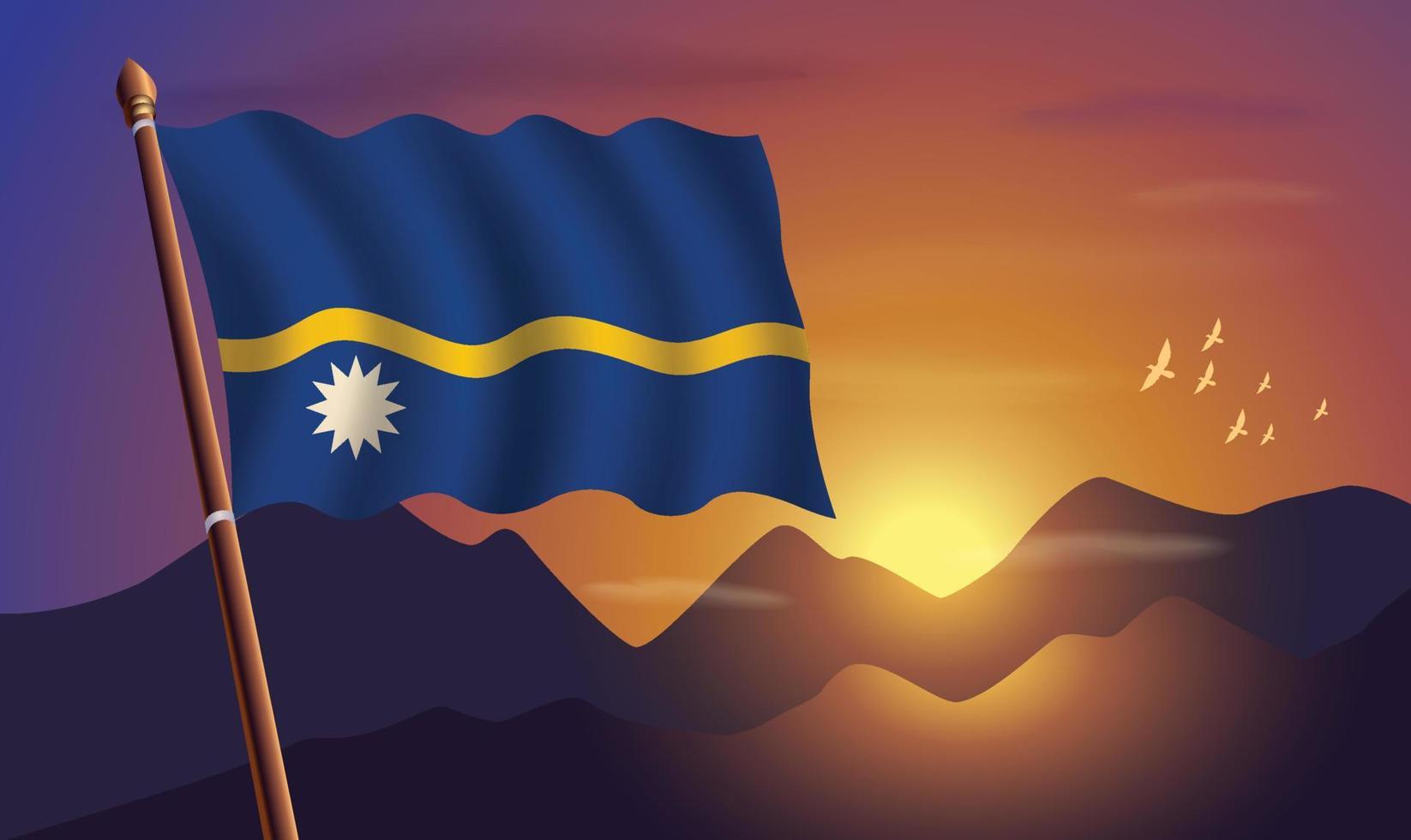 Nauru flag with mountains and sunset in the background vector