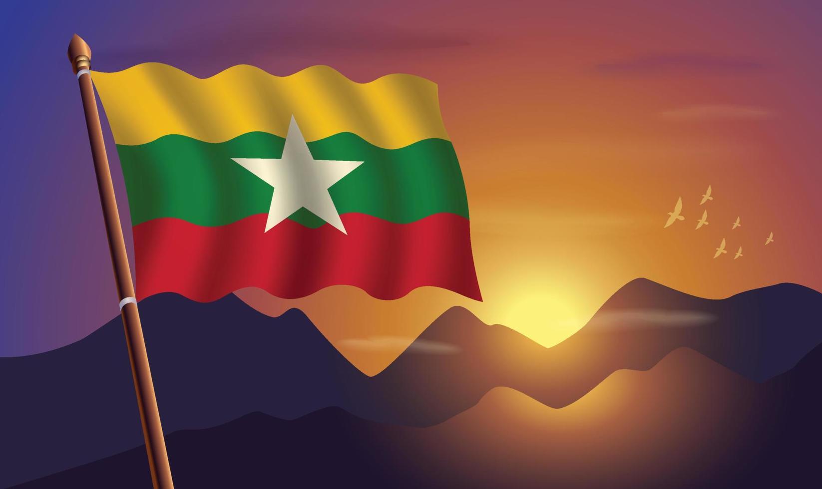 myanmar bandera con montañas y puesta de sol en el antecedentes vector