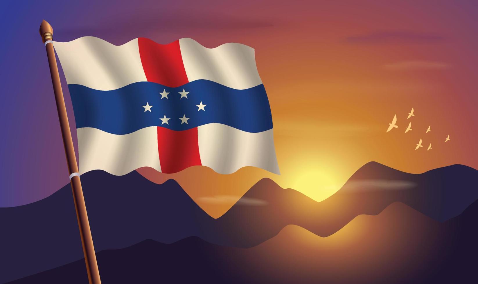 Países Bajos antillas bandera con montañas y puesta de sol en el antecedentes vector