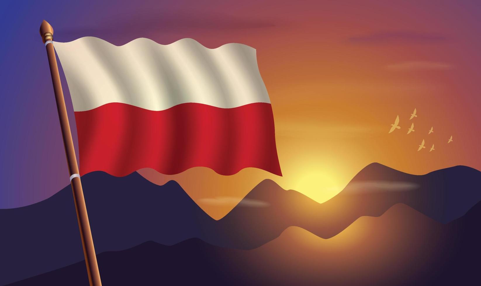 Polonia bandera con montañas y puesta de sol en el antecedentes vector