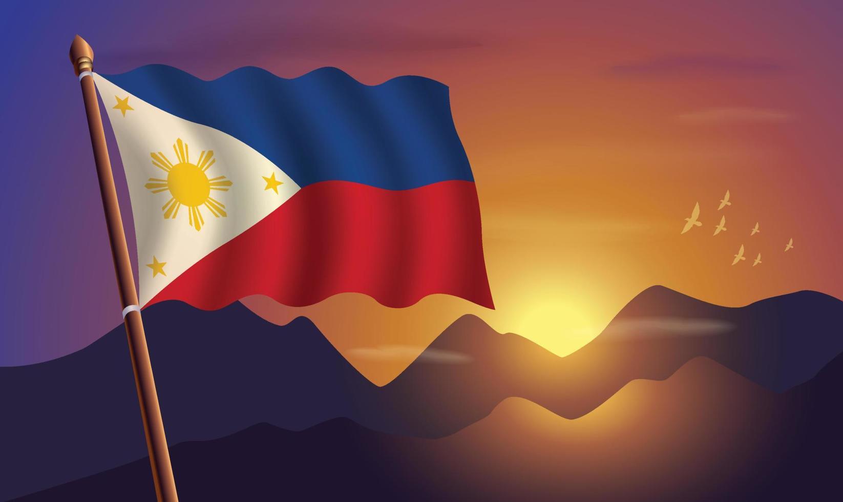 Filipinas bandera con montañas y puesta de sol en el antecedentes vector