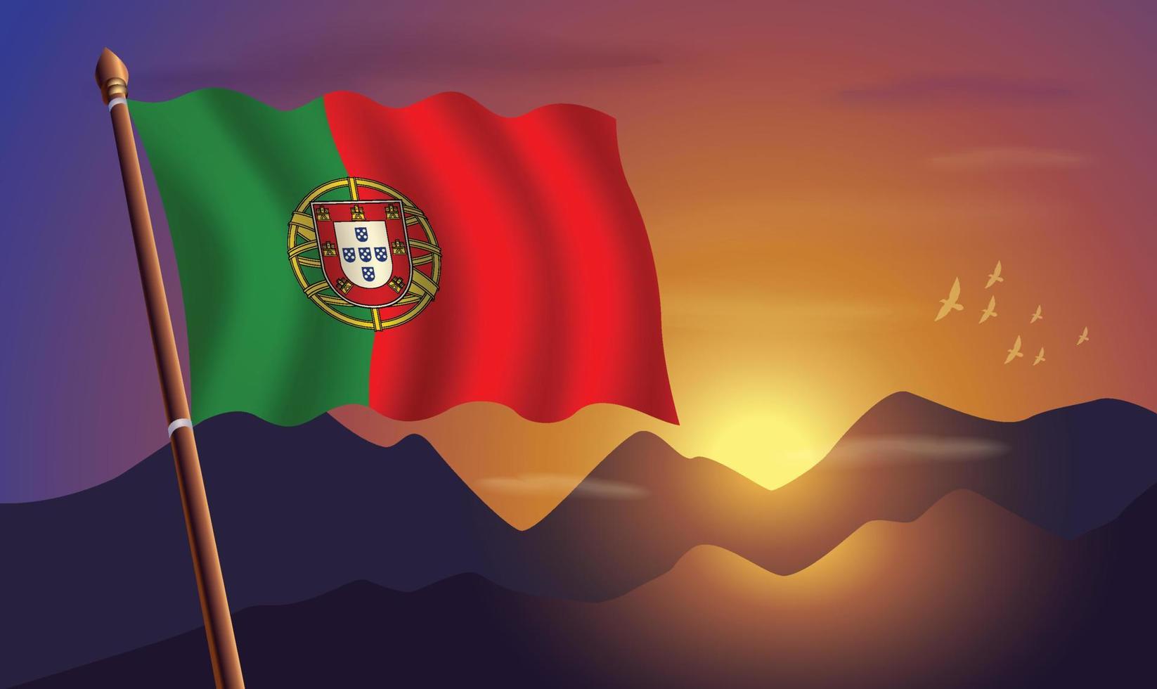 Portugal bandera con montañas y puesta de sol en el antecedentes vector