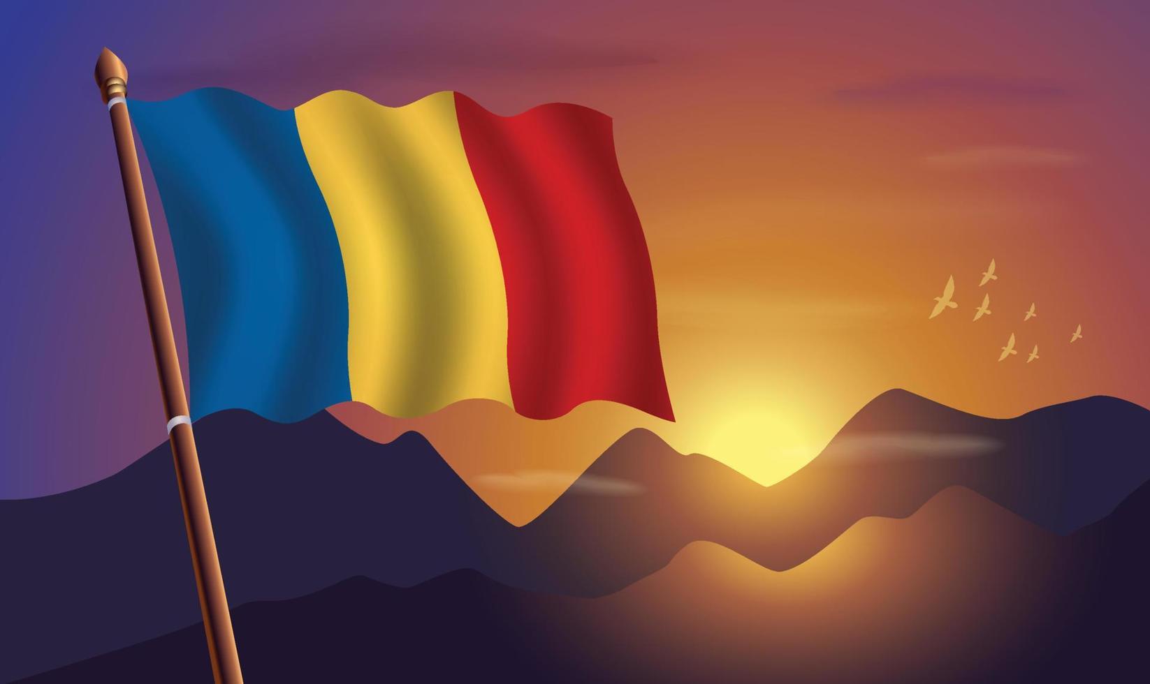Rumania bandera con montañas y puesta de sol en el antecedentes vector