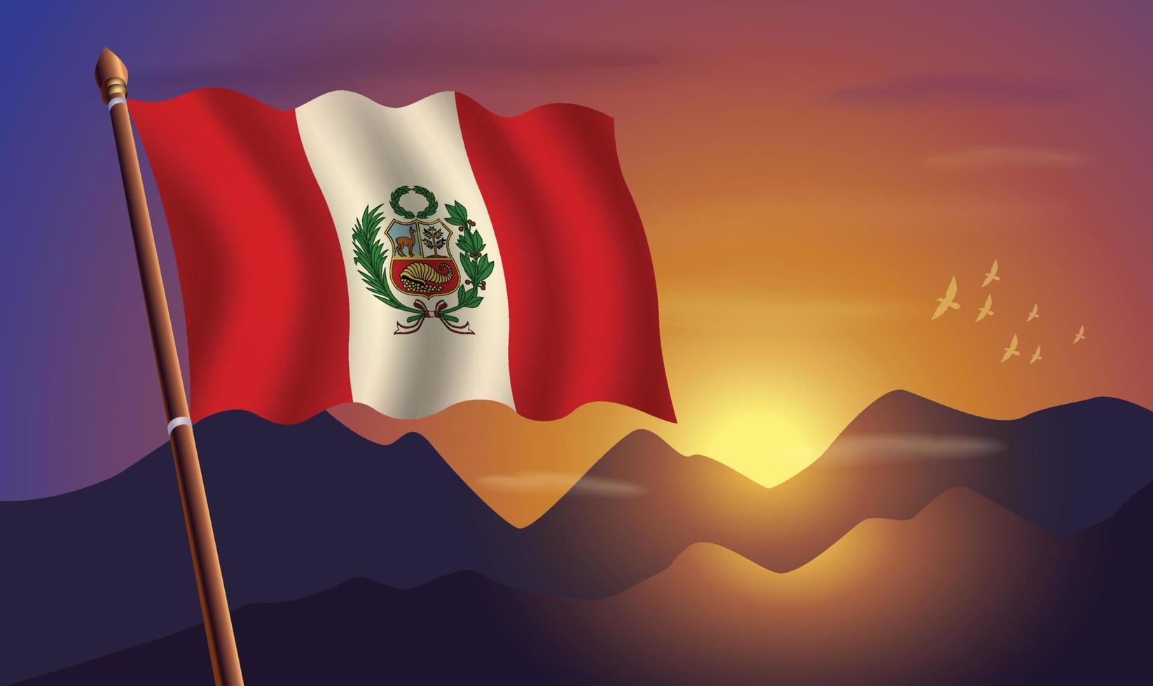 Perú bandera con montañas y puesta de sol en el antecedentes vector