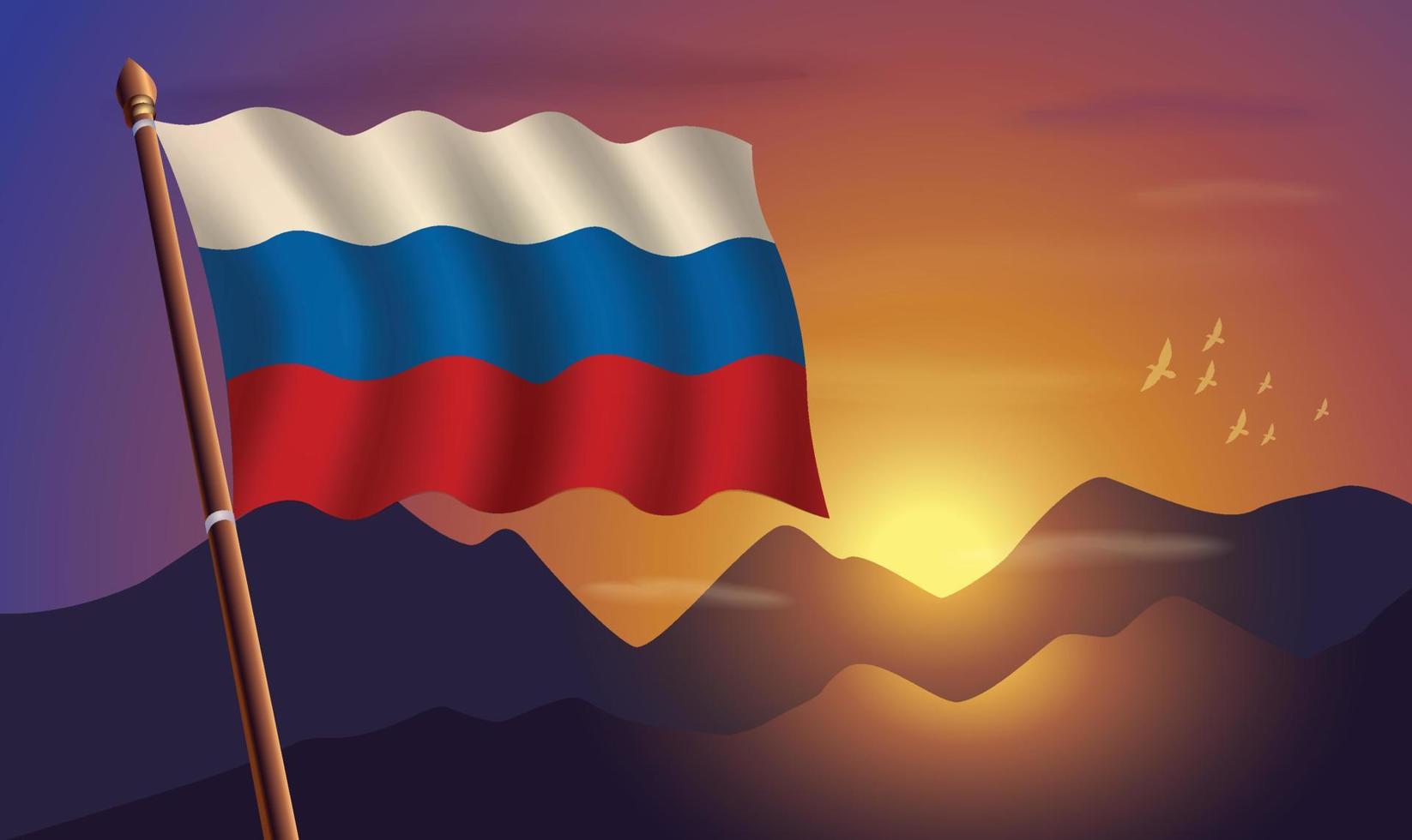 Russian Federation flag with mountains and sunset in the background vector