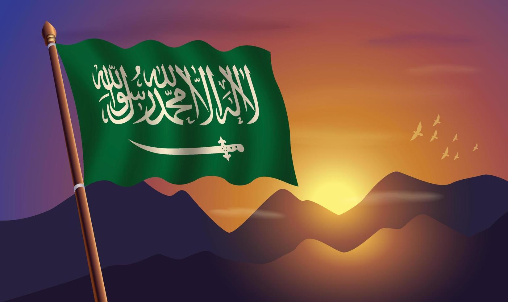 saudi arabia bandera con montañas y puesta de sol en el antecedentes vector