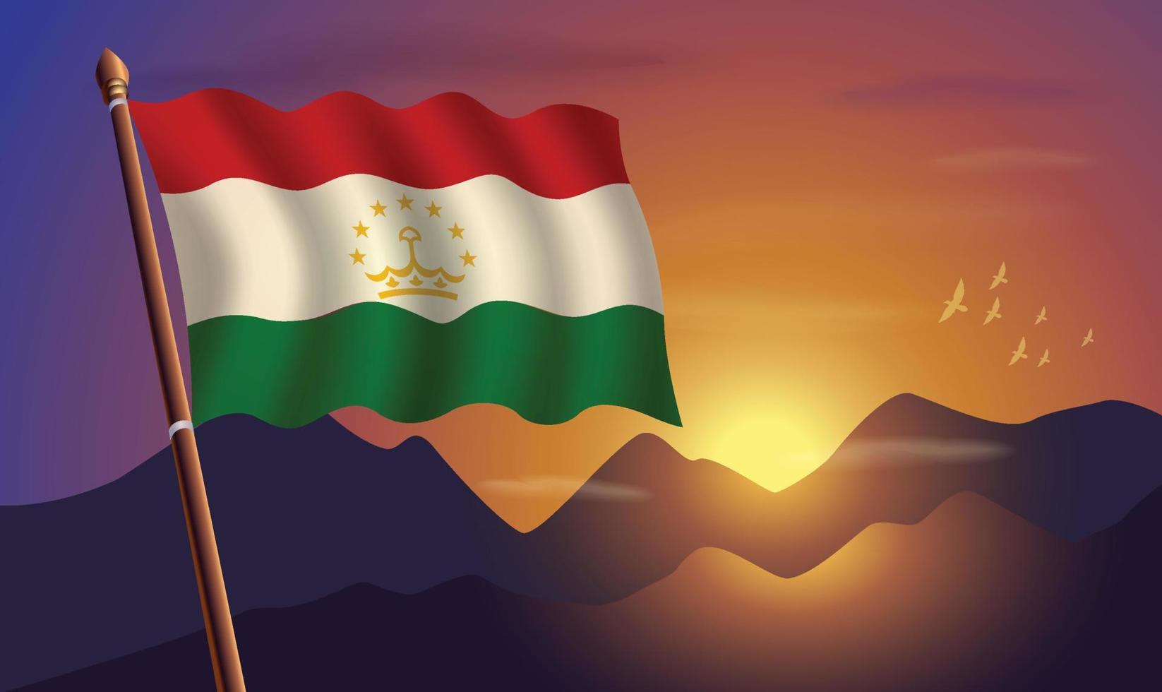 Tayikistán bandera con montañas y puesta de sol en el antecedentes vector