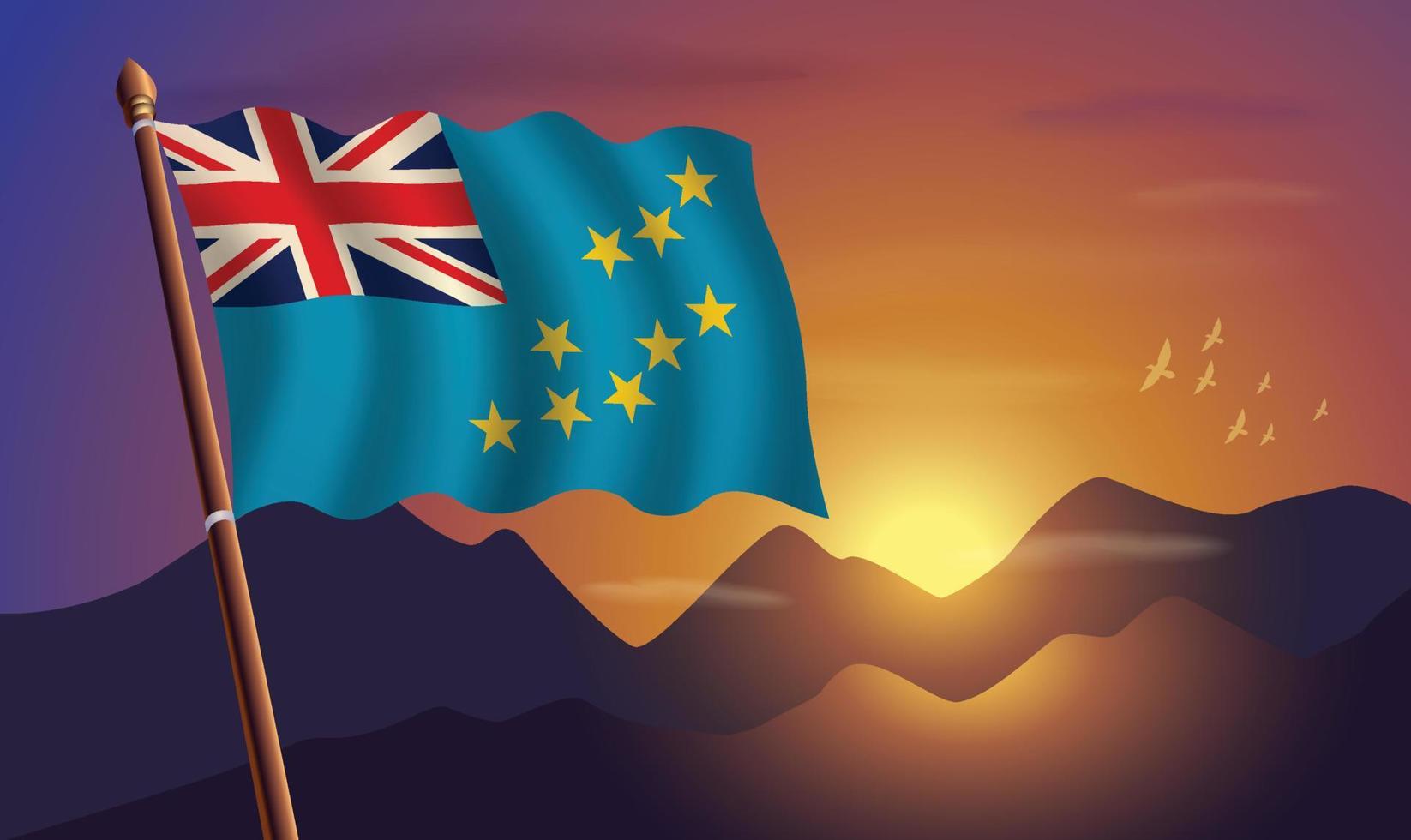 tuvalu bandera con montañas y puesta de sol en el antecedentes vector