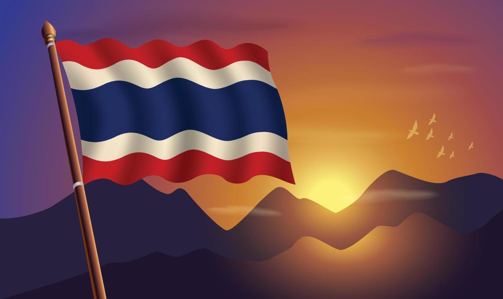 Tailandia bandera con montañas y puesta de sol en el antecedentes vector