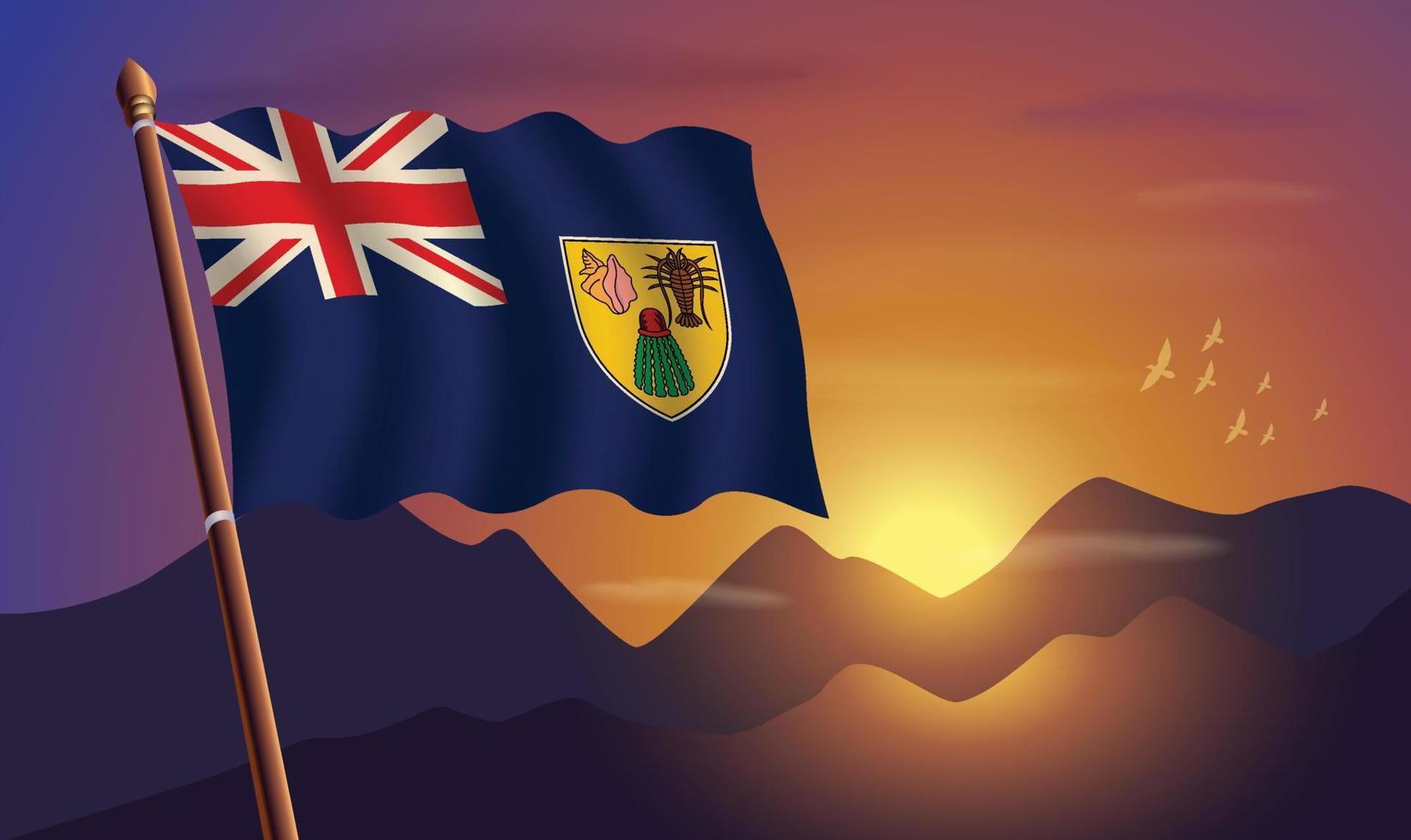 Turk and Caicos flag with mountains and sunset in the background vector