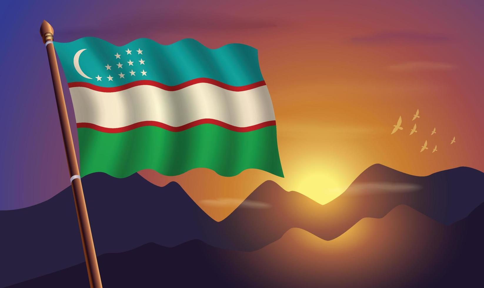 Uzbekistán bandera con montañas y puesta de sol en el antecedentes vector