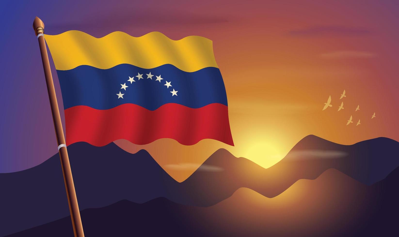 Venezuela bandera con montañas y puesta de sol en el antecedentes vector